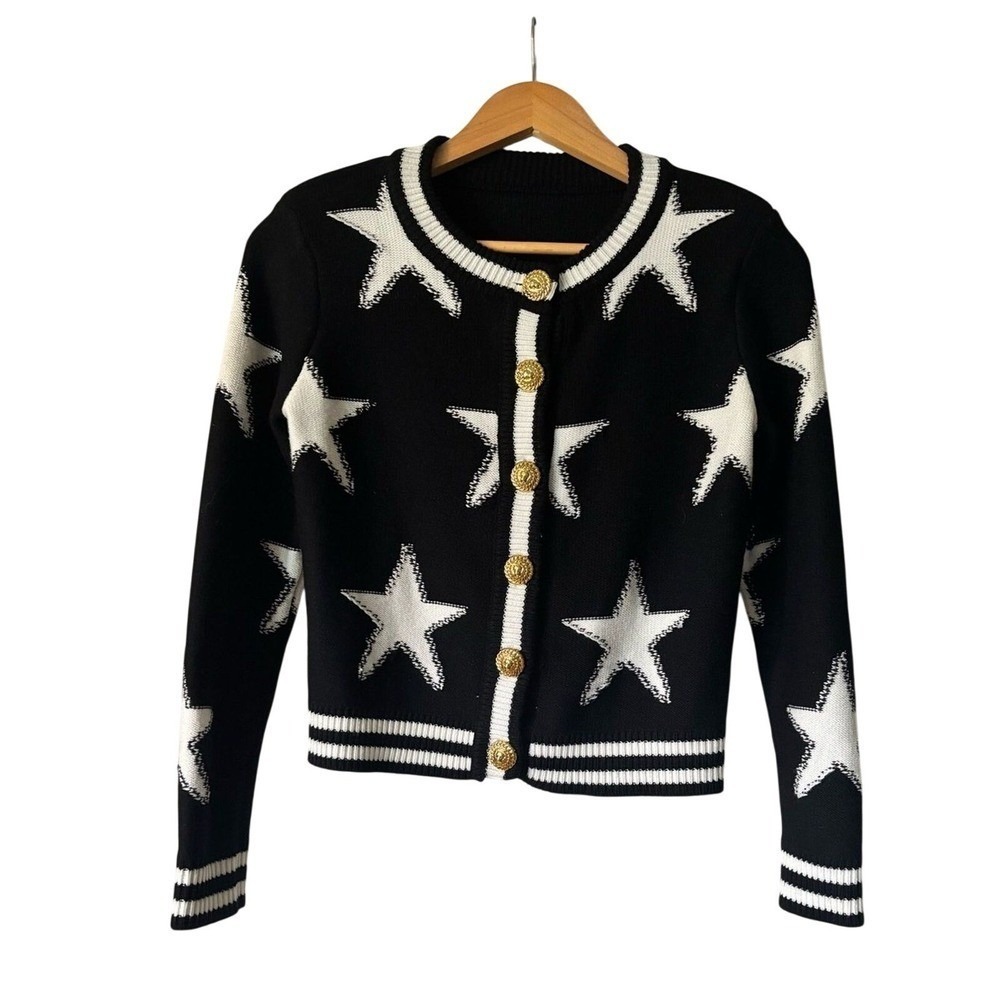 Pegasi Star-Knit Cardigan Womens M Black Wool Blend Gold Buttons